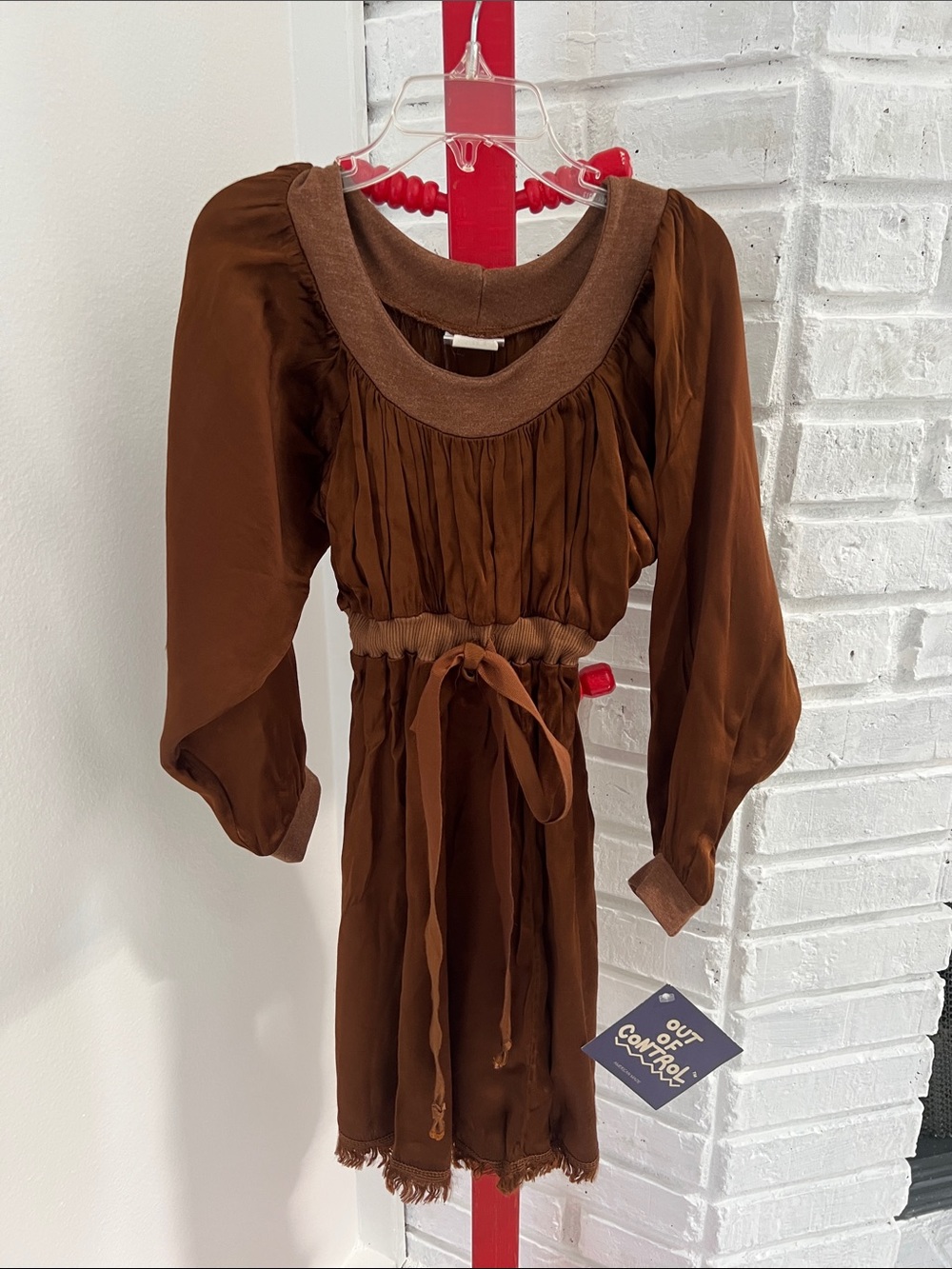 Brown Girls' Long Sleeve Tie-Waist Dress